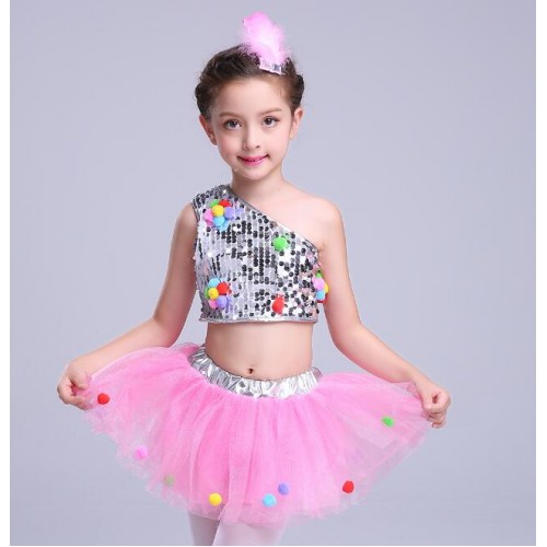 Boys girls jazz dance costumes sequined modern dance toddlers singers hip hop competition pink silver dance dresses